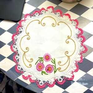 Antique Gorgeous Hand embroidered and crochet edged oversized Doile